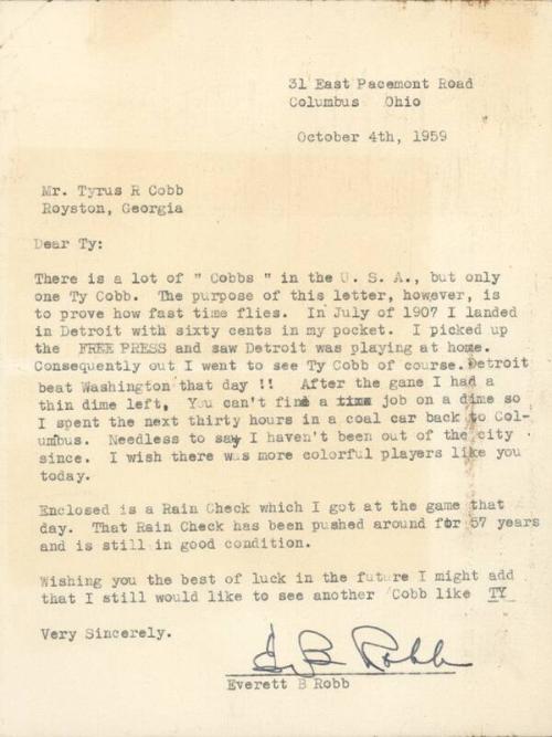 Letter and from Everett B. Robb to Ty Cobb, 1959 October 04