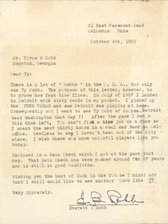 Letter and from Everett B. Robb to Ty Cobb, 1959 October 04