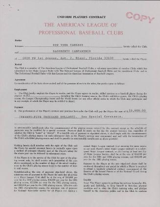 Dagoberto Campaneris New York Yankee contract, 1983 May 04