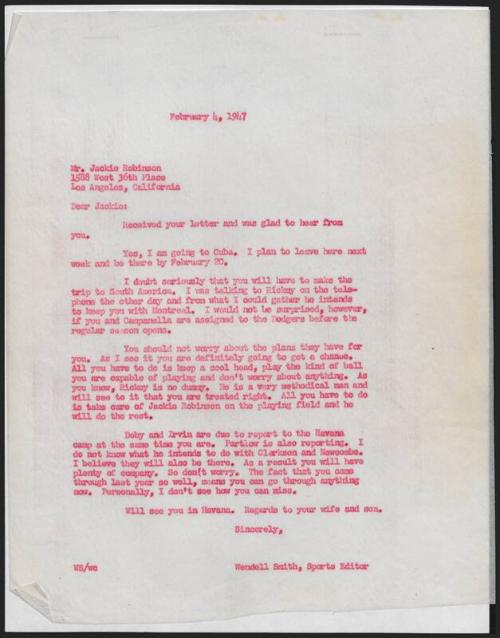 Letter from Wendell Smith to Jackie Robinson, 1947 February 04