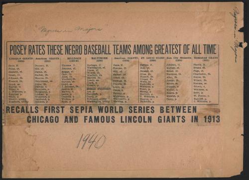 Posey Rates these Negro Baseball Teams Among Greatest of All Time newspaper clipping, circa 194…