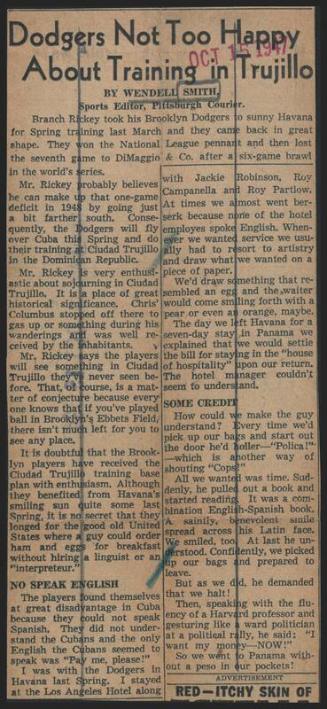 Dodgers Not Too Happy About Training in Trujillo article, 1947 October 15