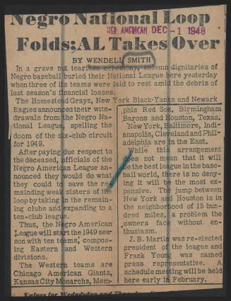 Negro National Loop Folds,  AL Takes Over article, 1948 December 01