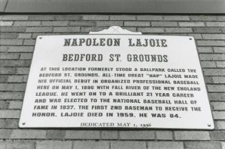 Napoleon Lajoie Plaque at Bedford St. Grounds photograph, 1996 or 1997