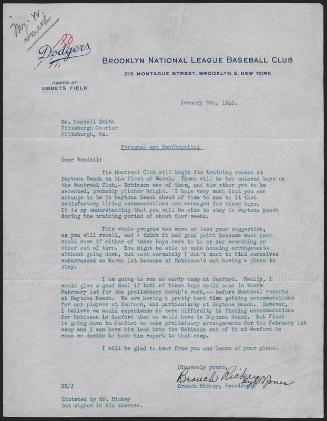 Letter from Branch Rickey to Wendell Smith, 1946 January 08