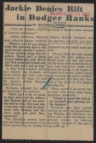 Jackie Denies Rift in Dodger Ranks article, 1950 August 31