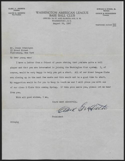 Letter from Clark Griffith to James Brannigan, 1947 August 26