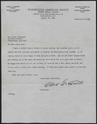Letter from Clark Griffith to James Brannigan, 1947 August 26