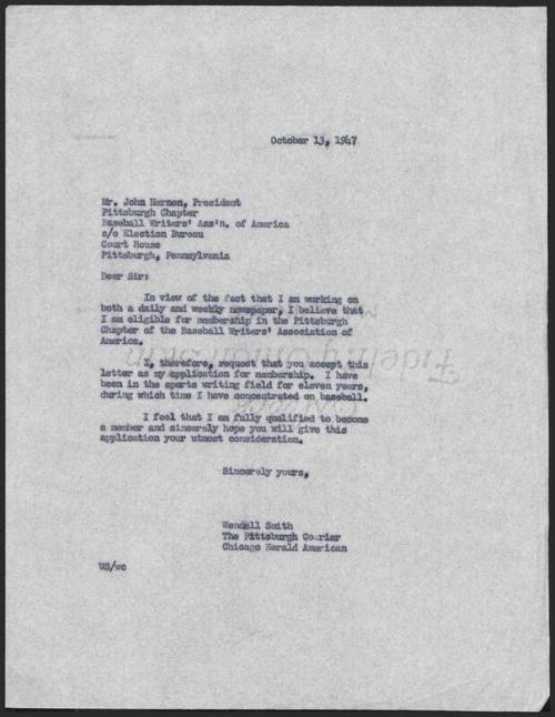 Letter from Wendell Smith to John Hernon, 1947 October 13