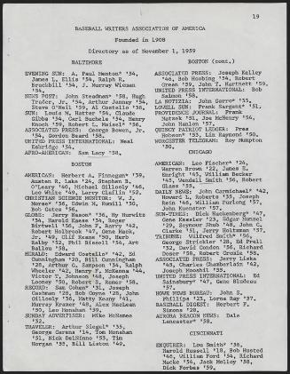 Baseball Writers Association of America Directory, 1959 November 01