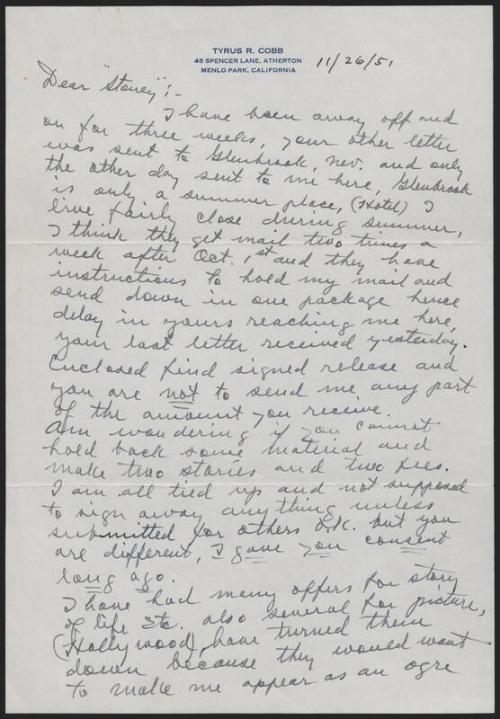 Letter from Ty Cobb to "Stoney", 1951 November 26