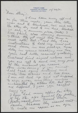 Letter from Ty Cobb to "Stoney", 1951 November 26