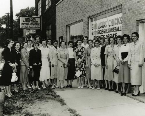 Grand Rapids Chicks Team Outside Office photograph, 1953