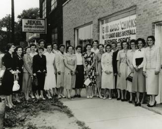 Grand Rapids Chicks Team Outside Office photograph, 1953