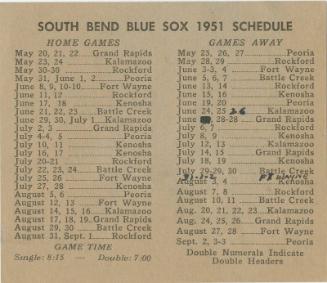 South Bend Blue Sox schedule, 1951