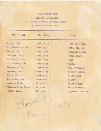 All-American Girls Professional Baseball League Summer Tour schedule, 1949