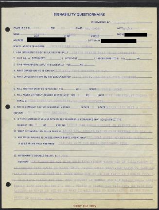 Mike Piazza Signability Questionnaire, 1986 May
