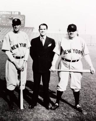 Babe Ruth, Christy Walsh and Bob Meusel on set of "The Pride of the Yankees" photograph, 1942