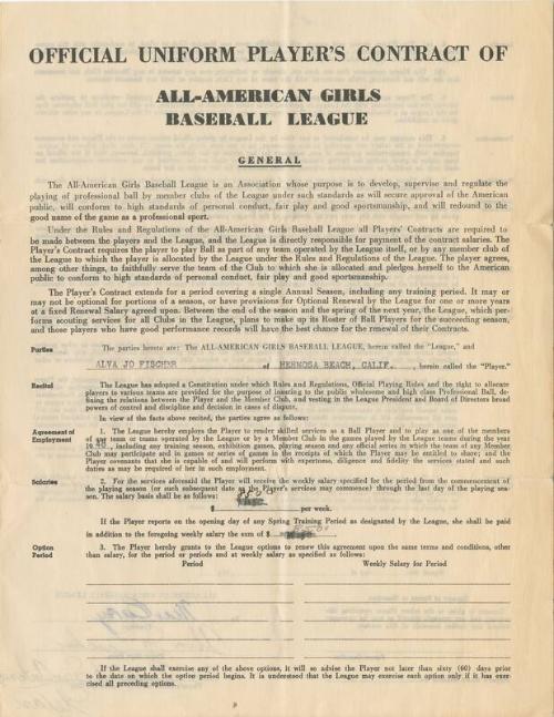 Alva Jo Fischer All-American Girls Baseball League contract, circa 1948