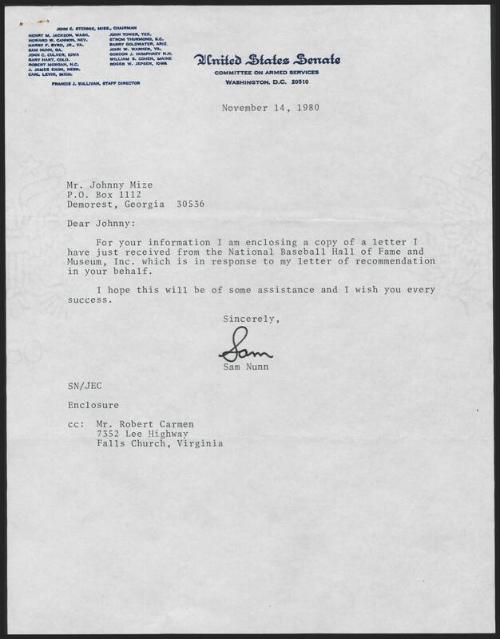 Letter from Sam Nunn to Johnny Mize, 1980 November 14