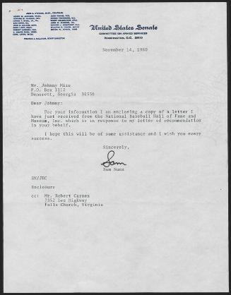 Letter from Sam Nunn to Johnny Mize, 1980 November 14