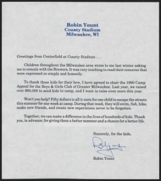 Letter from Robin Yount and Boys & Girls Club, 1990