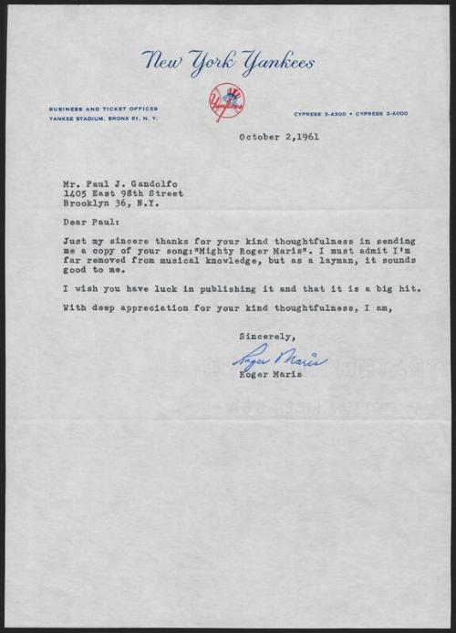 Letter from Roger Maris to Paul Gandolfo, 1961 October 02