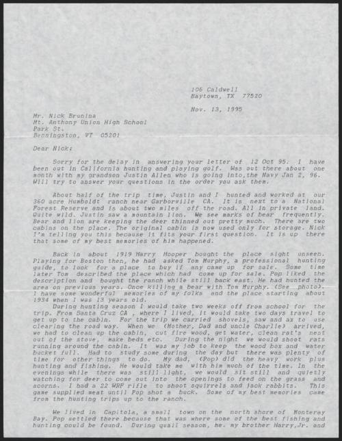 Letter John Hooper to Nick Brunina, 1995 November 13
