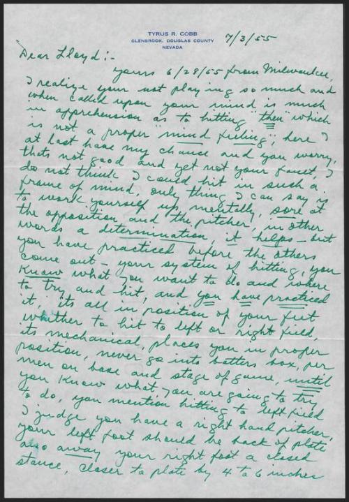 Letter from Ty Cobb to Lloyd Merriman, 1955 July 03