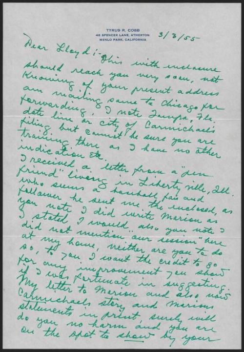 Letter from Ty Cobb to Lloyd Merriman, 1955 March 03