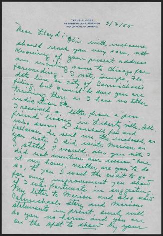 Letter from Ty Cobb to Lloyd Merriman, 1955 March 03