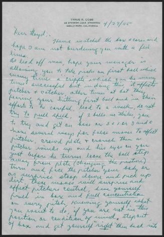 Letter from Ty Cobb to Lloyd Merriman, 1955 April 29