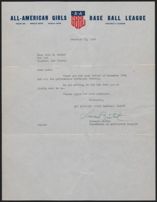 Letter from Leonard Zintak to Lois Barker, 1948 December 13