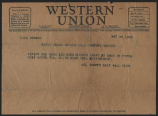 Telegram from St. Joseph Baseball Club to Dick Hummel, 1940 May 28