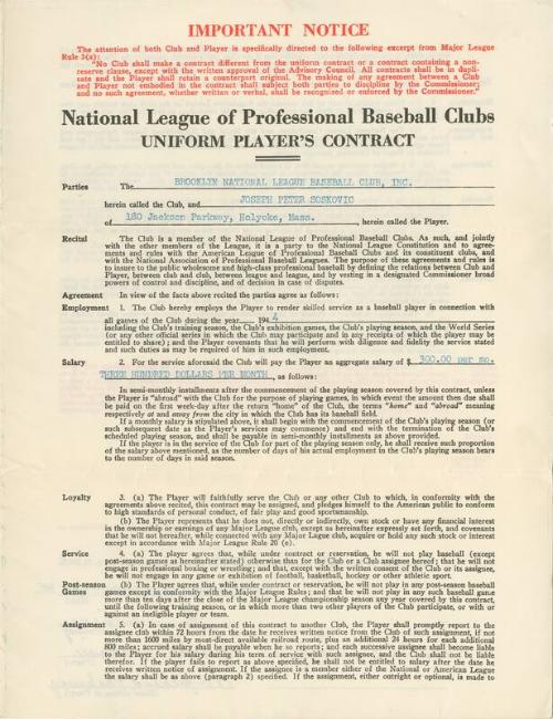 Joe Soskovic Brooklyn National League Baseball Club contract, 1944 February 12
