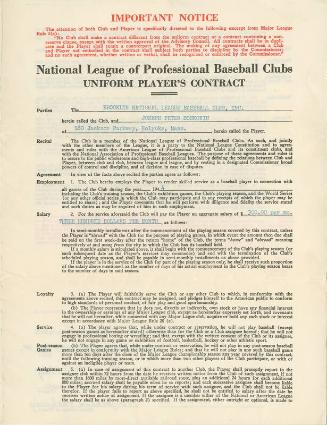 Joe Soskovic Brooklyn National League Baseball Club contract, 1944 February 12