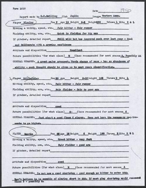 Mickey Mantle scouting report, 1950
