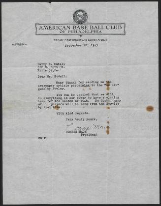 Letter from Connie Mack to Harry Sudall, 1945 September 12