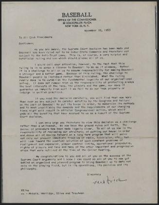 Letter from Ford Frick to Club Presidents, 1953 November 10