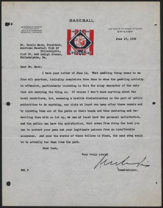 Letter from Kenesaw Mountain Landis to Connie Mack, 1939 June 19