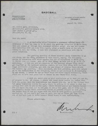Letter from Kenesaw Mountain Landis to Connie Mack, 1944 August 25