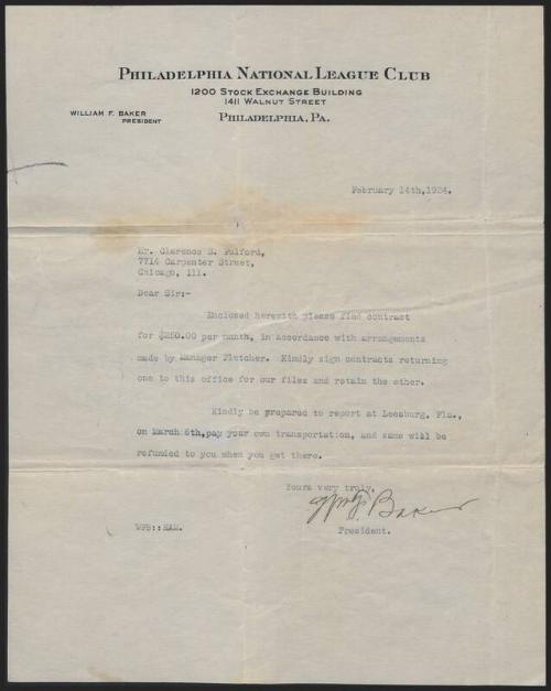 Letter from William Baker to Clarence Fulford, 1924 February 14