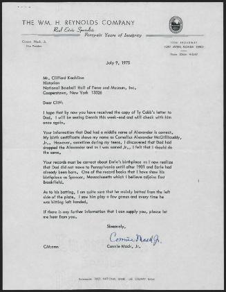 Letter from Connie Mack, Jr. to Cliff Kachline, 1975 July 09