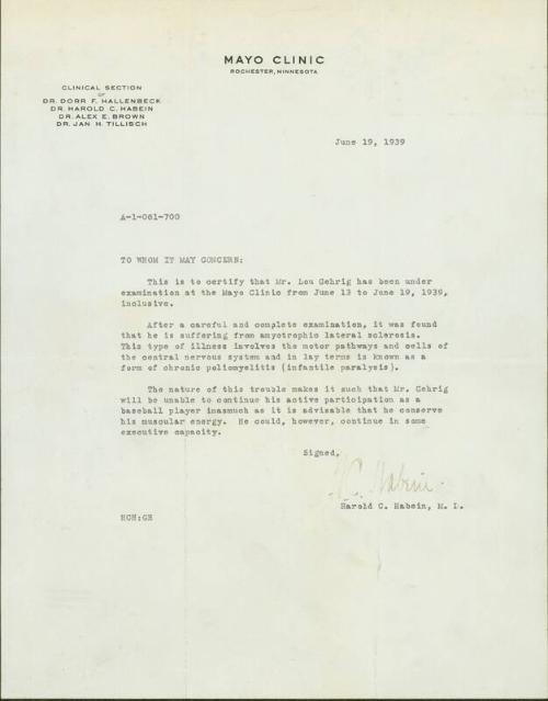 Letter from Harold C. Habein, M.D. to Whom It May Concern, 1939 June 19