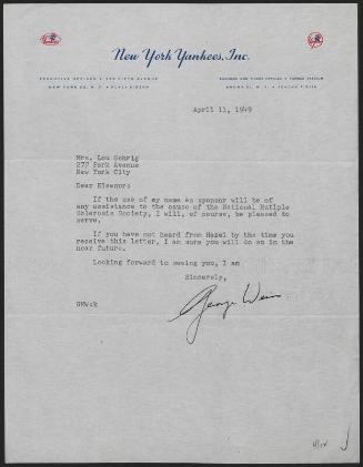 Letter from George Weiss to Eleanor Gehrig, 1949 April 11
