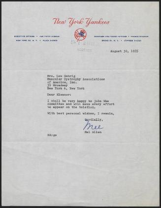 Letter from Mel Allen to Eleanor Gehrig, 1955 August 30