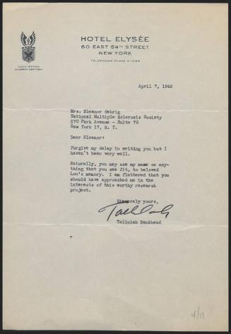 Letter from Tallulah Bankhead to Eleanor Gehrig, 1949 April 07
