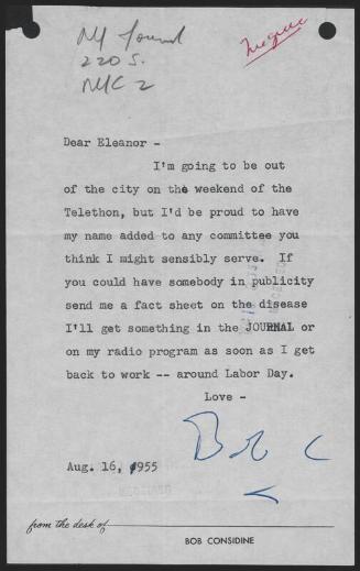 Letter from Bob Considine to Eleanor Gehrig, 1955 August 16