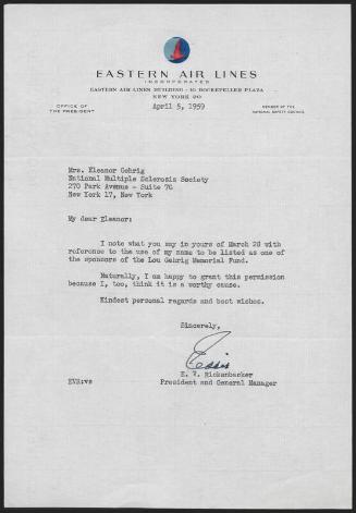 Letter from E. V. Rickenbacker to Eleanor Gehrig, 1959 April 05