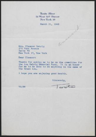 Letter from Toots Shor to Eleanor Gehrig, 1949 March 31